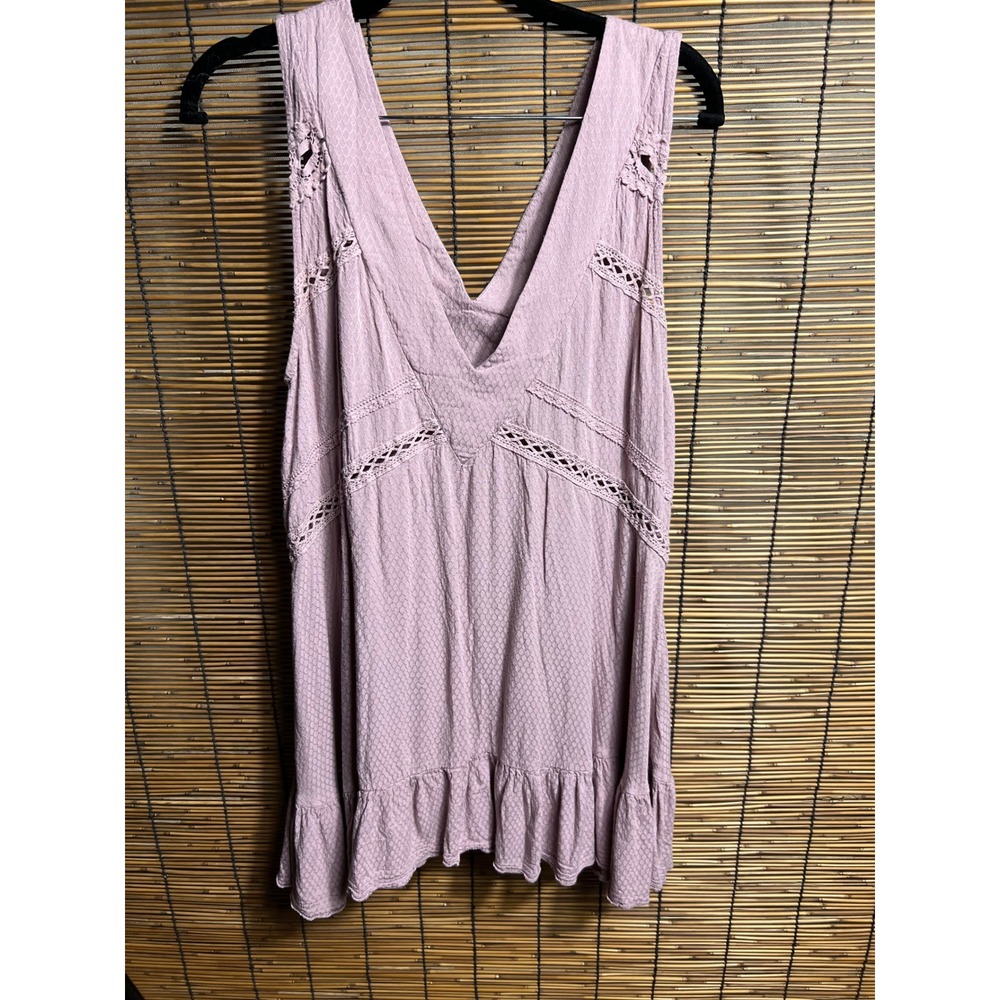H3RSY Mauve Pink Textured Crochet Lace Trim Ruffle Hem V-Neck Tunic C15 Tank S